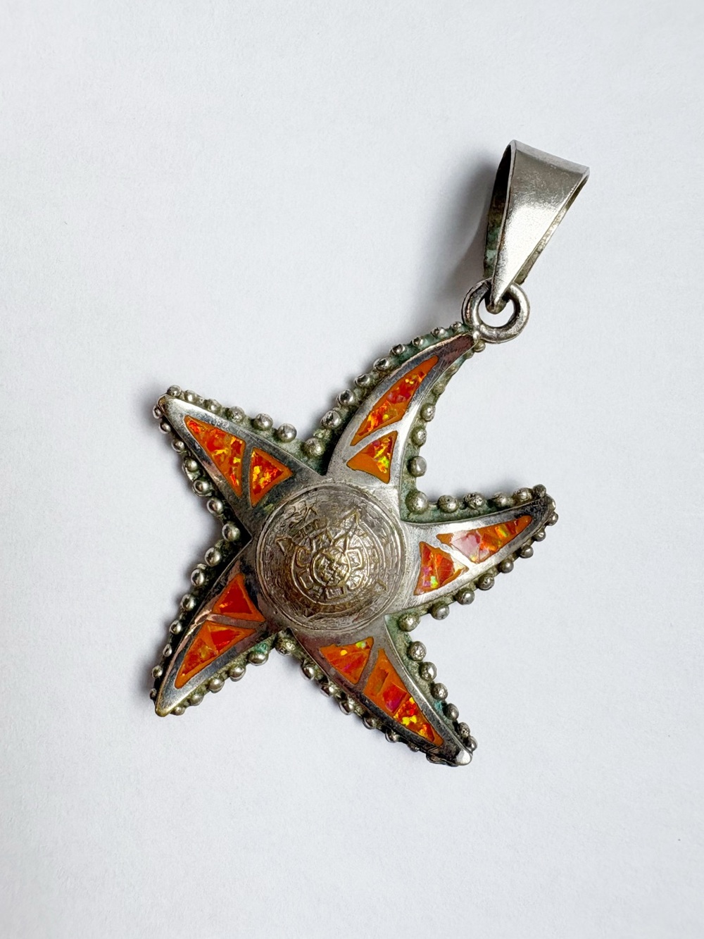 Vintage 925 Sterling Silver Iridescent Orange Starfish Pendant